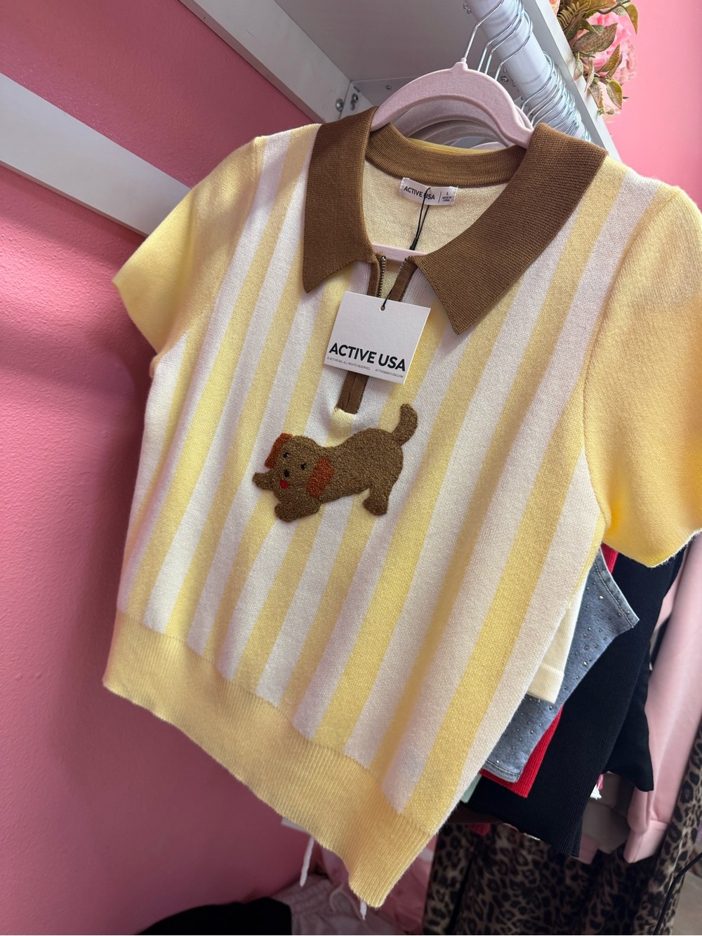 Active USA Yellow & White Striped Kids Polo with Brown Dog Applique